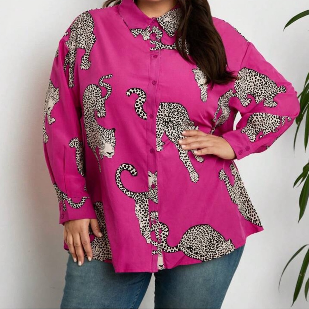 SHEIN Curve Pink Top with Black Animal Print
